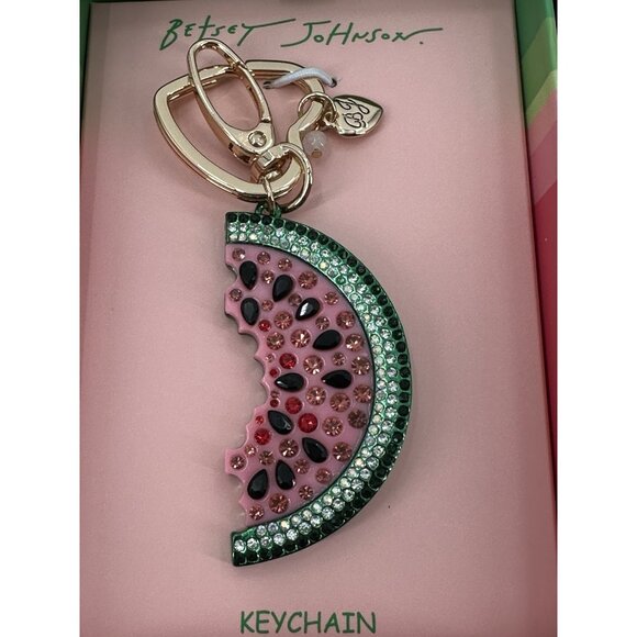BETSEY JOHNSON Crystal Watermelon Keychain Key Fob Bag Charm Red Green Gold Tone - Picture 1 of 3